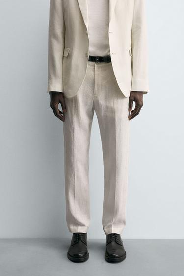 Zara 100% LINEN SUIT PANTS - Oyster-white