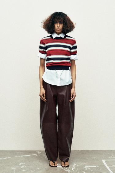 Zara ZW COLLECTION LIMITED EDITION 100% LEATHER BALLOON PANTS - Burgundy - Image 0