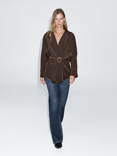 Zara Long shirt with brooch detail - Brown - Image 0