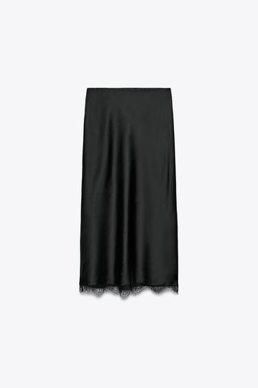 SAIA MIDI ACETINADA COM RENDA - Preto da Zara