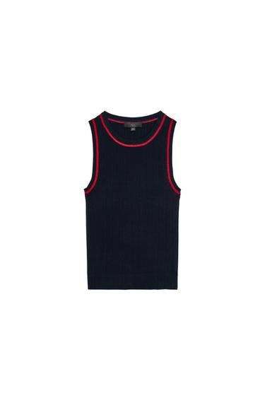 Front view of a navy blue vest top with red trim