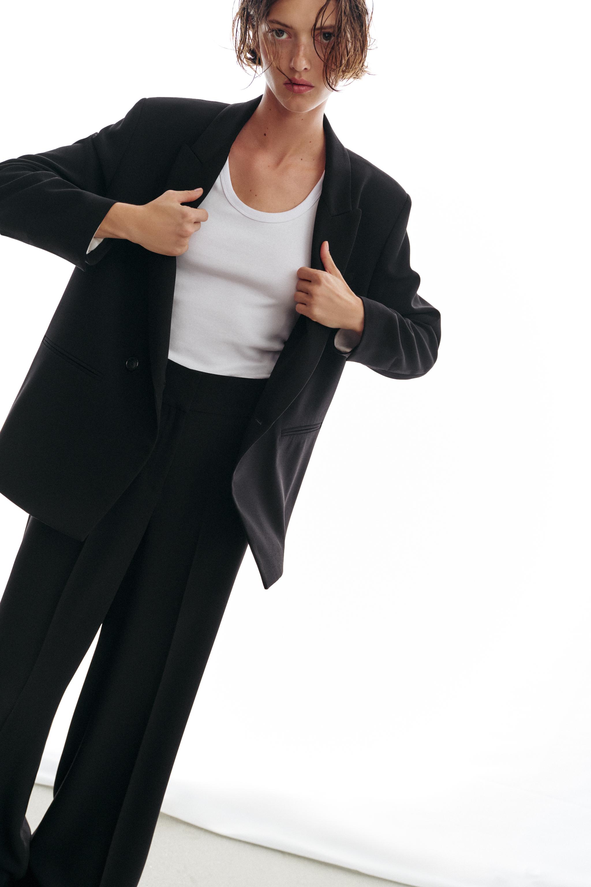 HIGH-WAISTED WIDE-LEG TROUSERS — Black