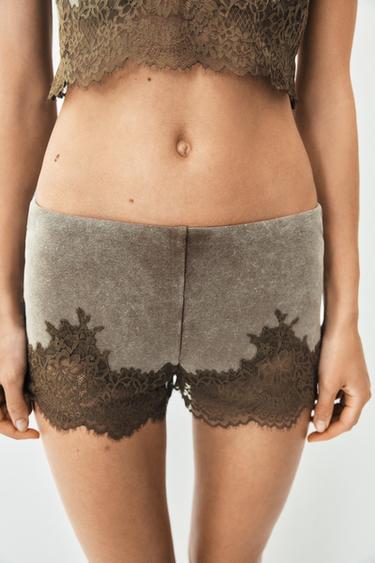 ウォッシュド加工レースショートパンツブラウンZaraのウォッシュド加工レースショートパンツ - ブラウン