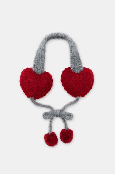 Zara KNITTED HEART POMPOM EARMUFFS - Gray