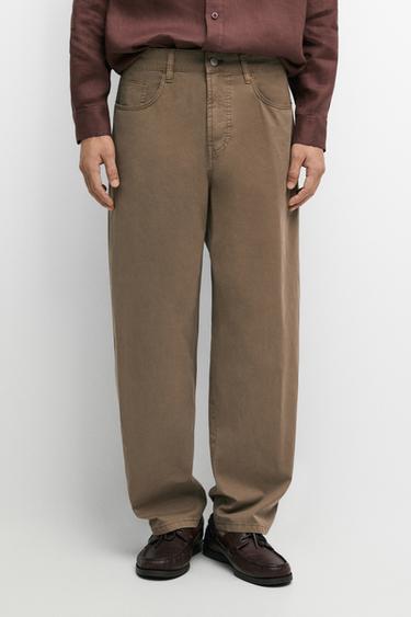Zara Barrel fit poplin denim-effect pants - taupe brown