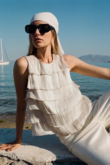 SHIMMER-EFFECT RUFFLED TOP - Pearl / Beige by Zara