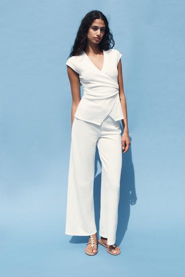 TEXTURED WIDE-LEG TROUSERS - Oyster-white by Zara