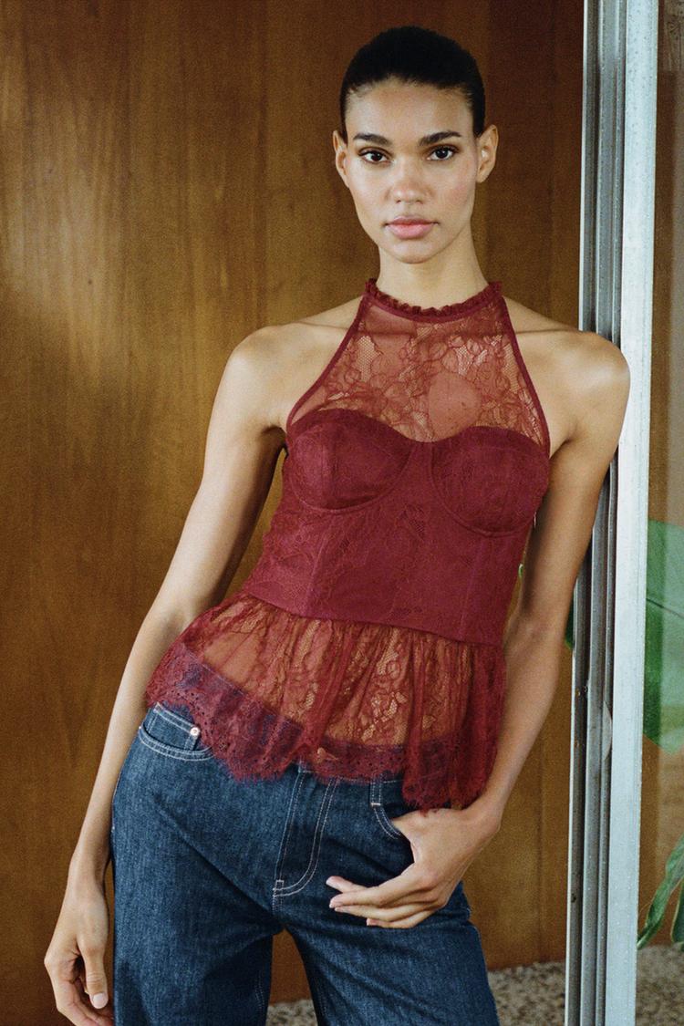 レース生地ホルターネックトップス - バーガンディ | ZARA Japan / 日本