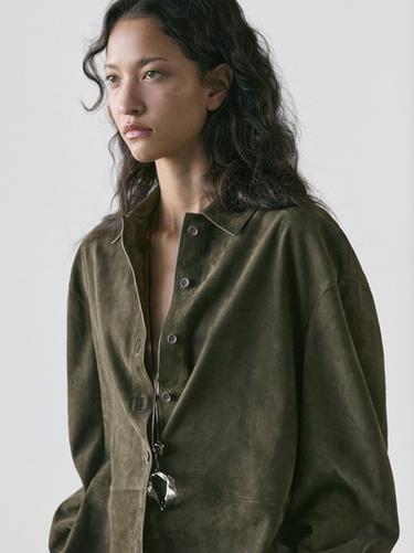 Zara Suede leather shirt with seams - Green