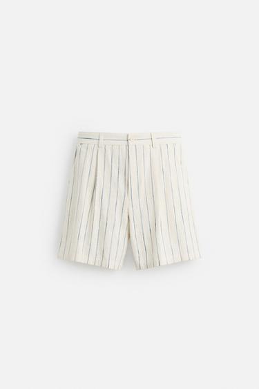 STRIPED TEXTURED BERMUDA SHORTS - Ecru / Blue by Zara - Image 6