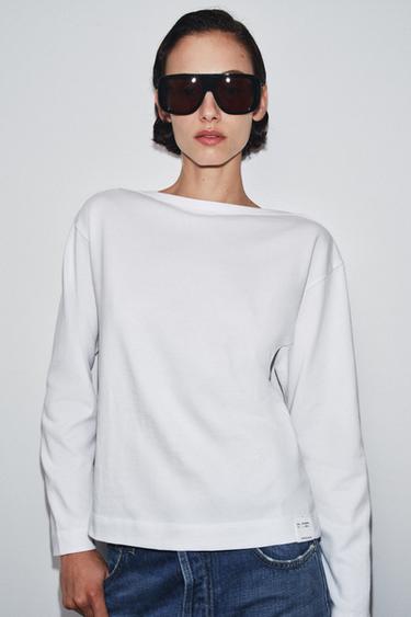 T-SHIRT COL BATEAU ÉTIQUETTE - Blanc de Zara - Image 1