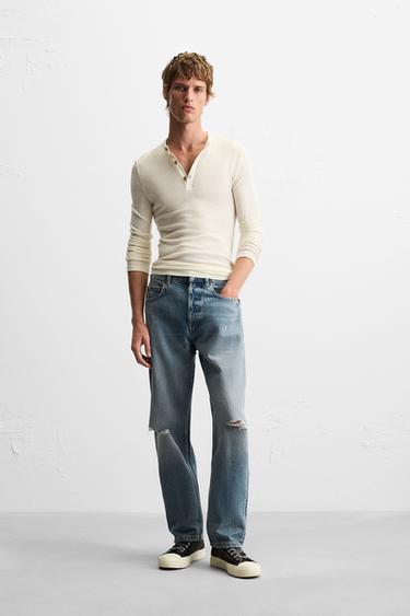 ダメージ加工レギュラーストレートフィットジーンズブルーZaraのダメージ加工レギュラーストレートフィットジーンズ - ブルー 