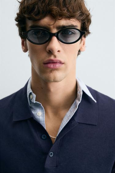 Zara KNIT LINEN COTTON BLEND POLO SHIRT - Navy blue