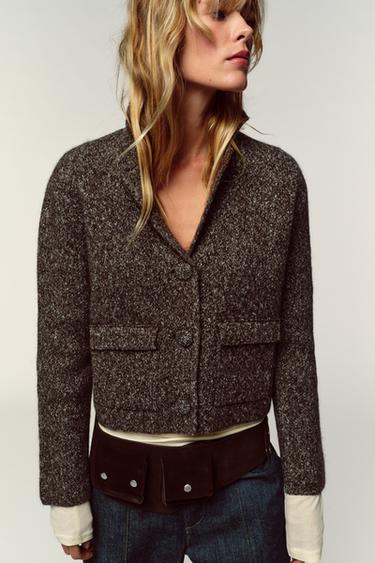 جاكيت محبوك من خيوط ملونة - بني فيجوريه by Zara