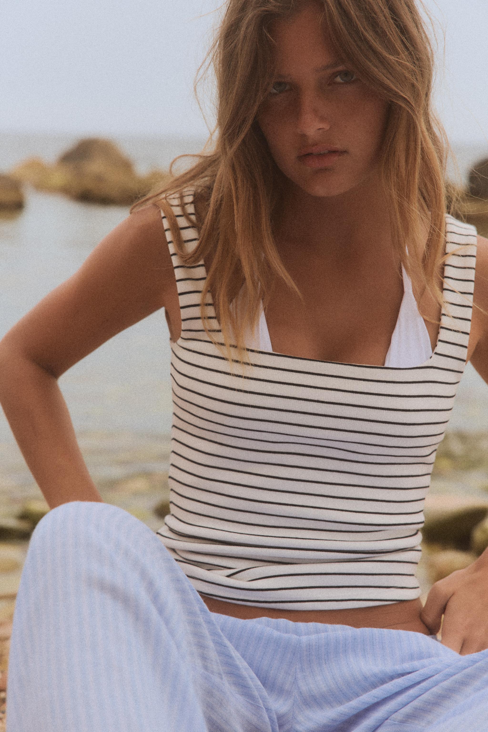 SQUARE NECKLINE T-SHIRT - striped | ZARA South Africa