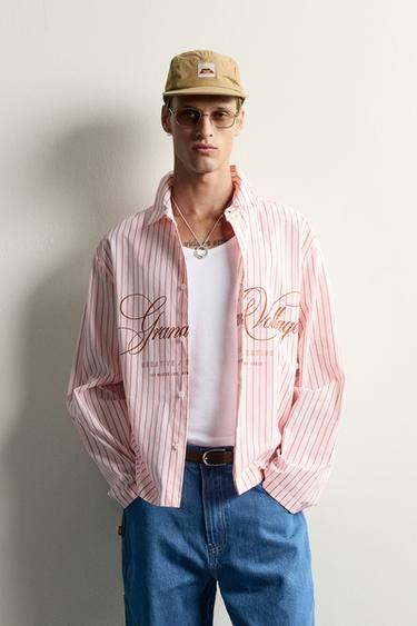 RELAXED FIT STRIPED TEXT SHIRT - Pink by Zara