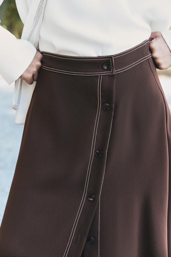 JUPE MI-LONGUE CAPE SURPIQÛRE CONTRASTE - Marron de Zara - Image 4
