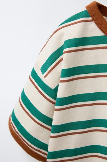 T-SHIRT RAYURES LISERÉS - Écru / Vert de Zara - Image 3