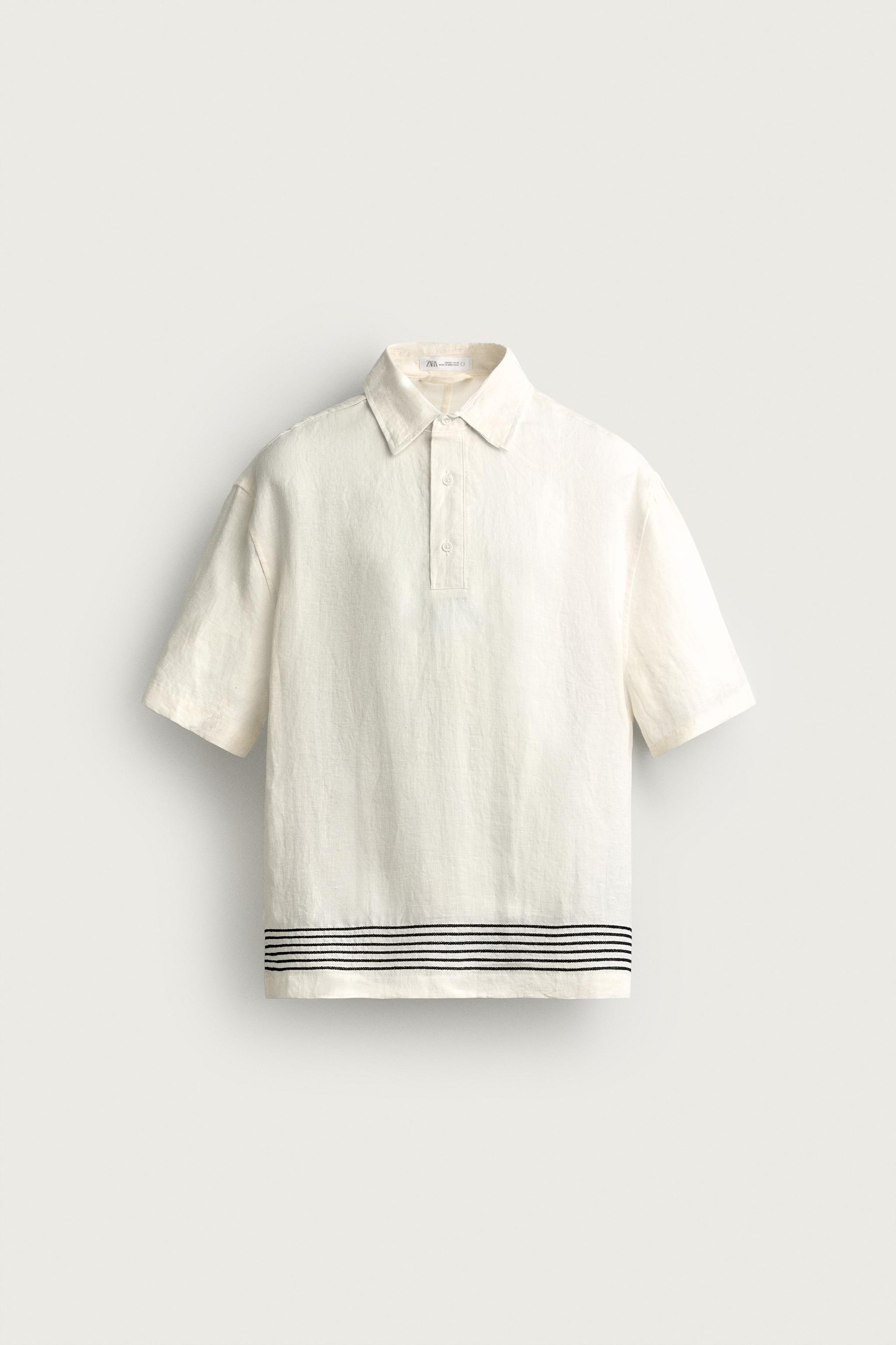 100% LINEN STRIPED POLO SHIRT — Ecru