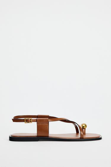 STRAPPY FLAT SLIDER SANDALS WITH METAL EMBELLISHMENT - Brown by Zara
