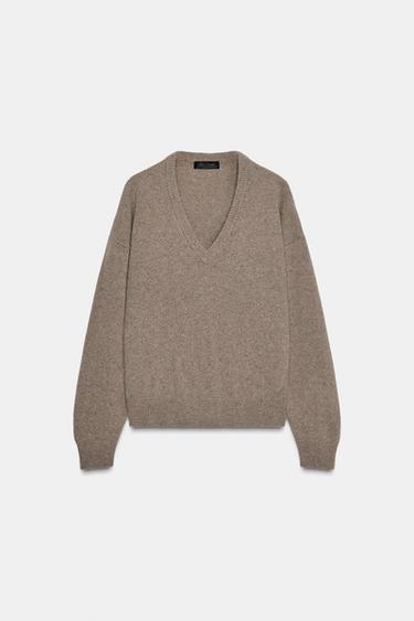 JERSEY CASHMERE Y LANA CUELLO PICO - Marrón / Topo de Zara