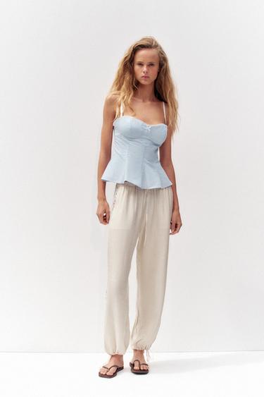 Zara POPLIN PEPLUM BOW TOP - Blue / White - Image 0