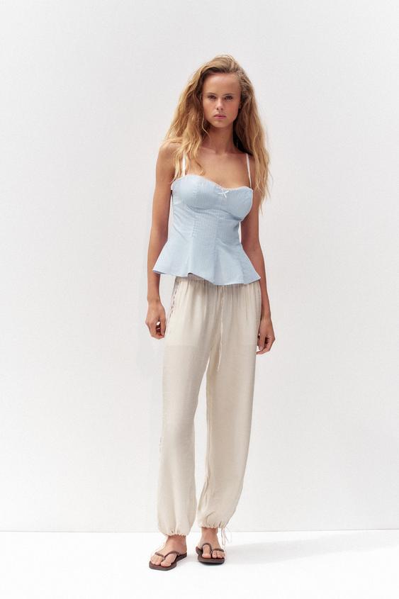 TOP EN POPELINE LACET PÉPLUM - Bleu / Blanc de Zara - Image 0