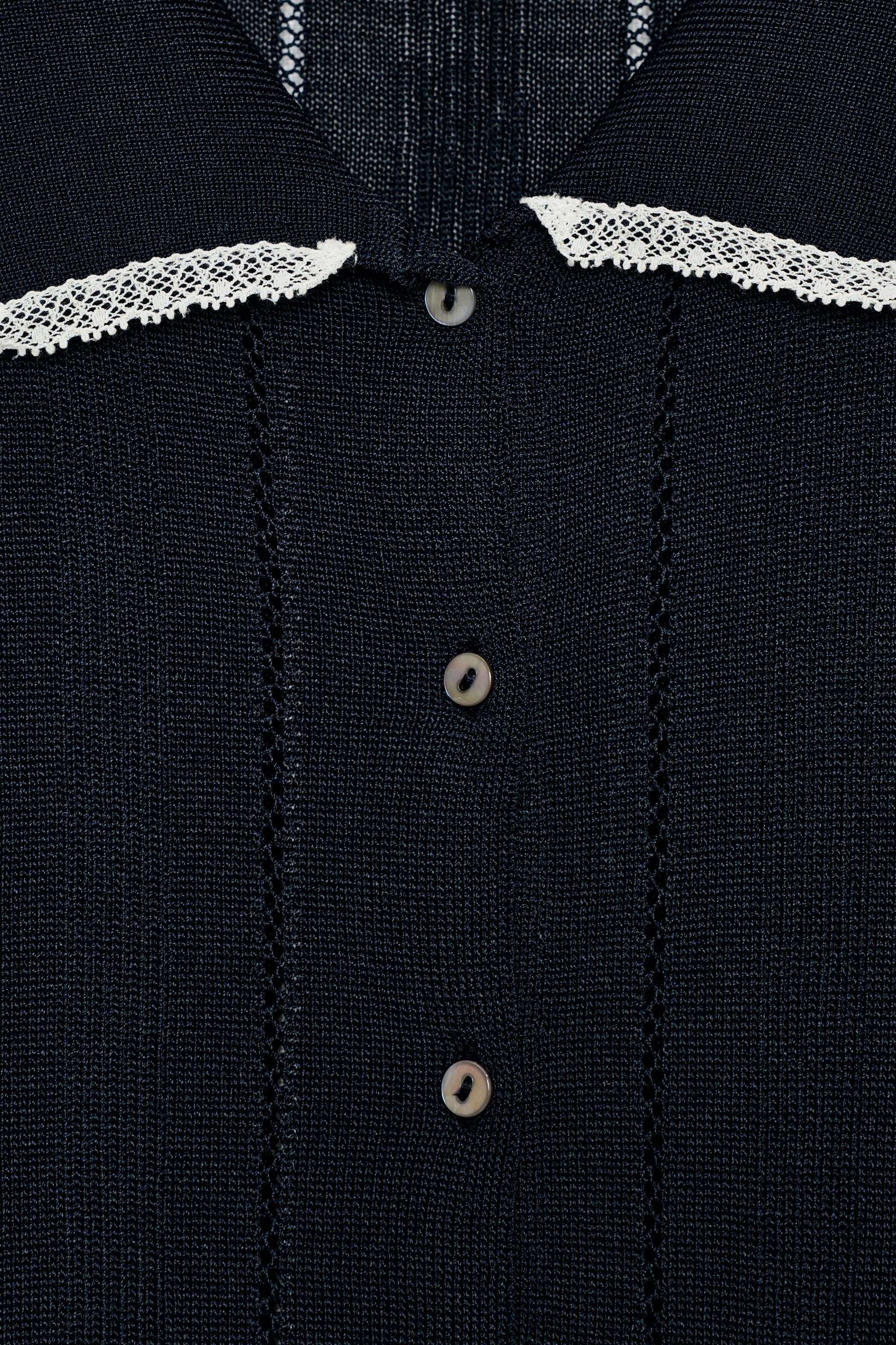 SHORT SLEEVE LACE TRIM KNIT POLO CARDIGAN - Navy blue | ZARA