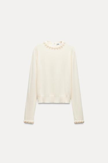 PLAIN KNIT SWEATER WITH FAUX PEARLS - Ecru by Zara