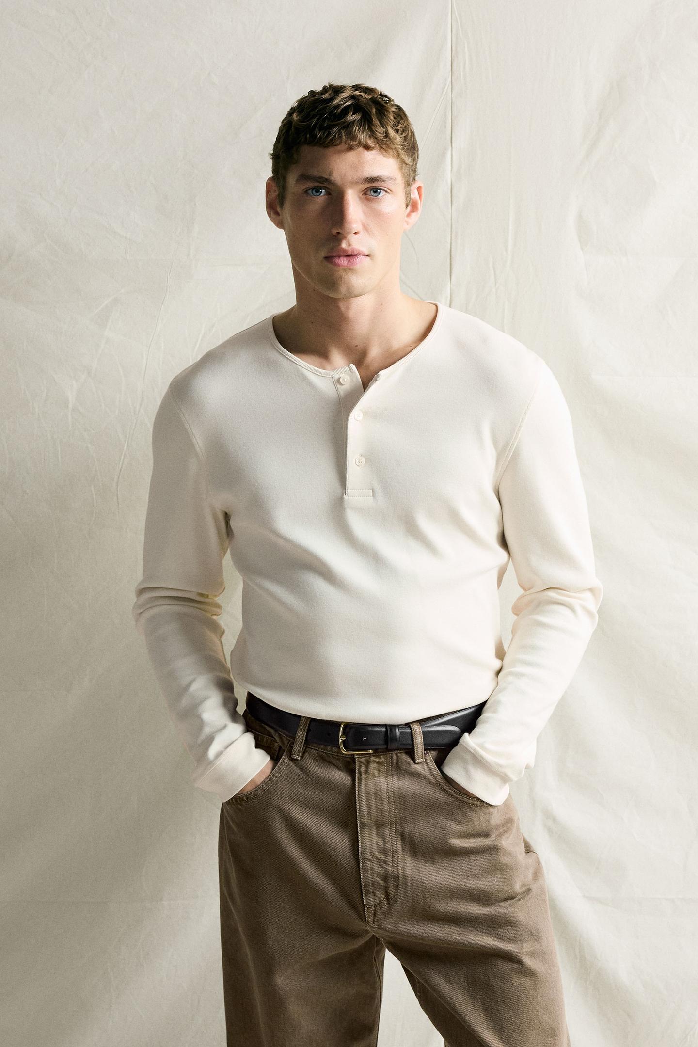 Мужская футболка Zara Henley, цвет: Устричный белый — фото 2