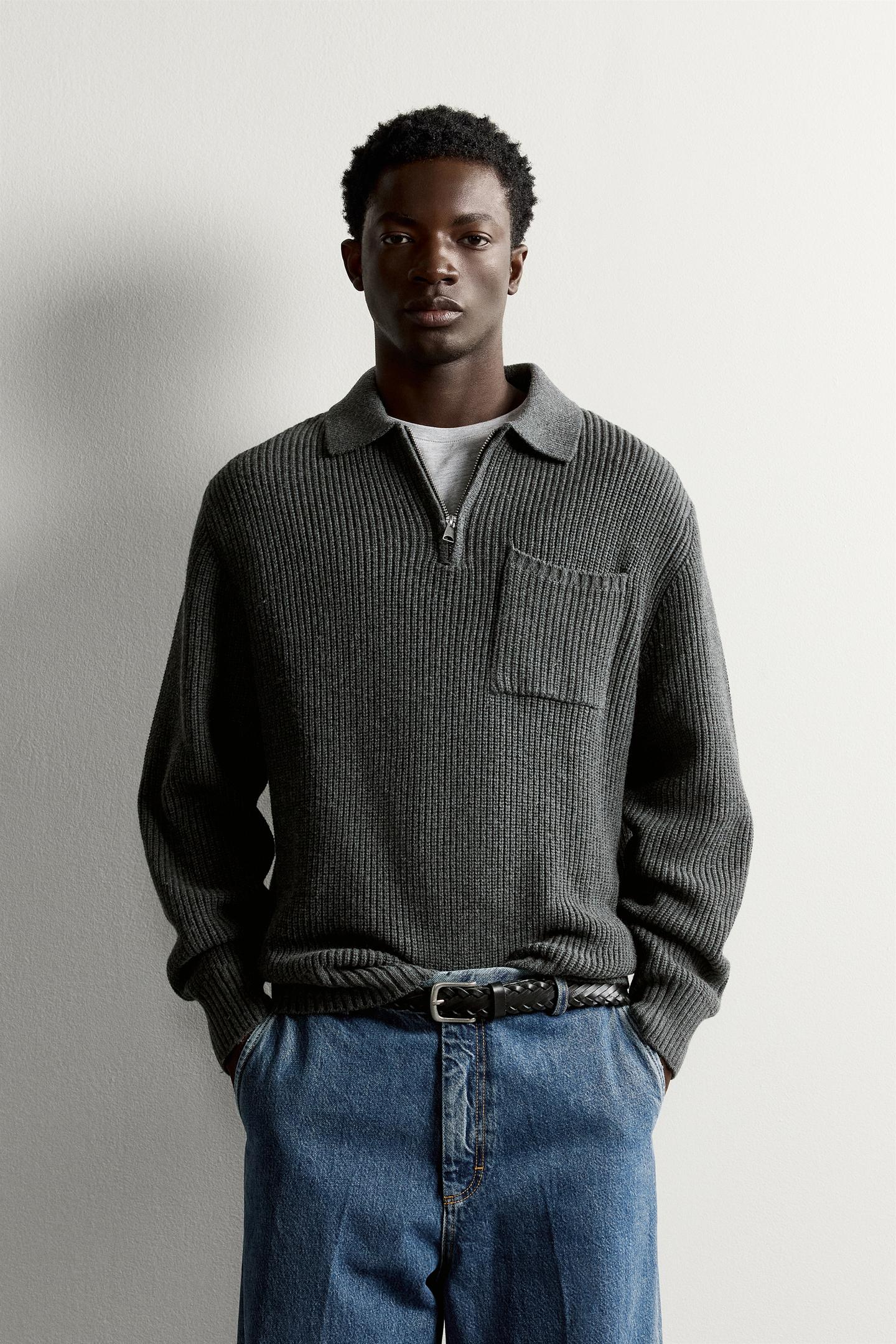 Мужское поло Zara Cotton-Wool Purl Knit Polo, цвет: Антрацитовый серый — фото 2