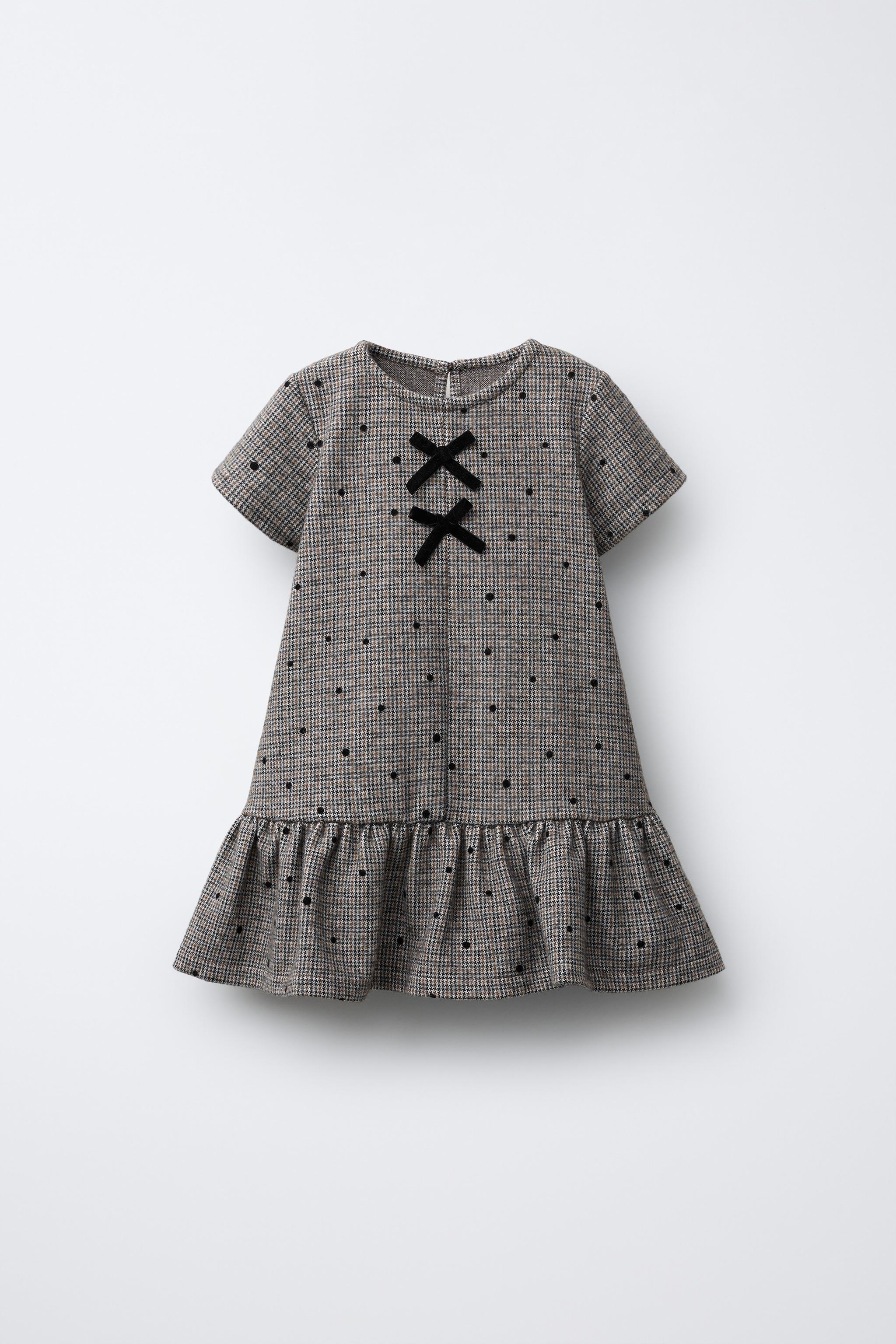 HOUNDSTOOTH FLOCKED POLKA DOT BOW DRESS
