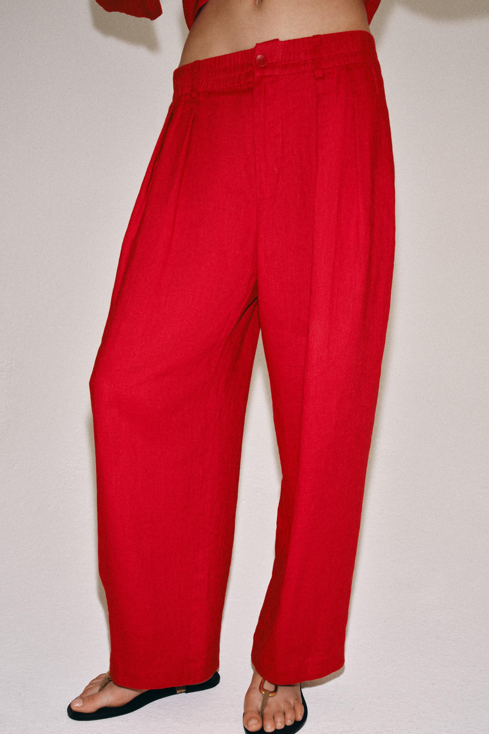 100% LINEN PLEATED PANTS ZW COLLECTION — Red