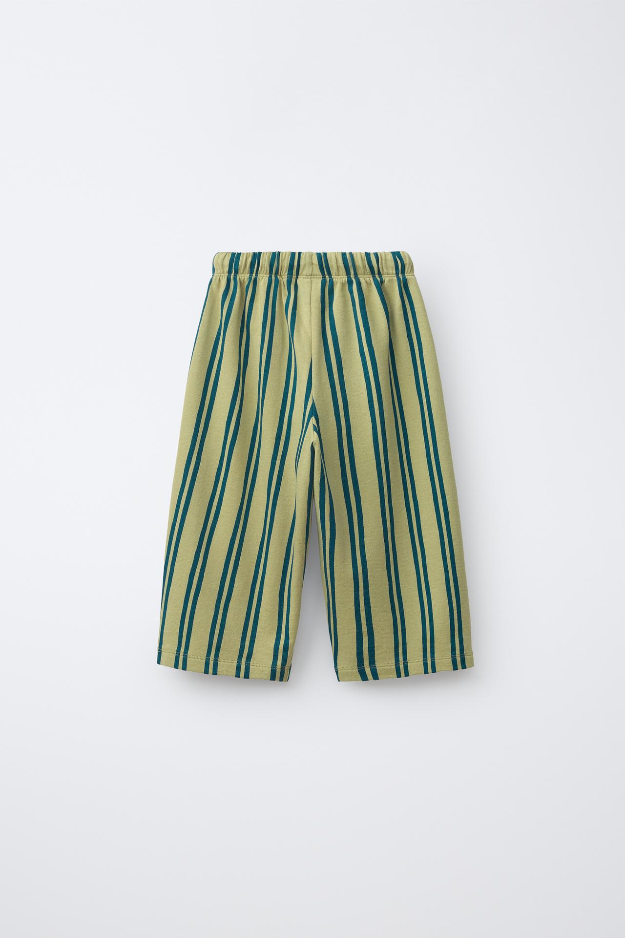 STRIPED FLEECE WIDE LEG PANTS — Green