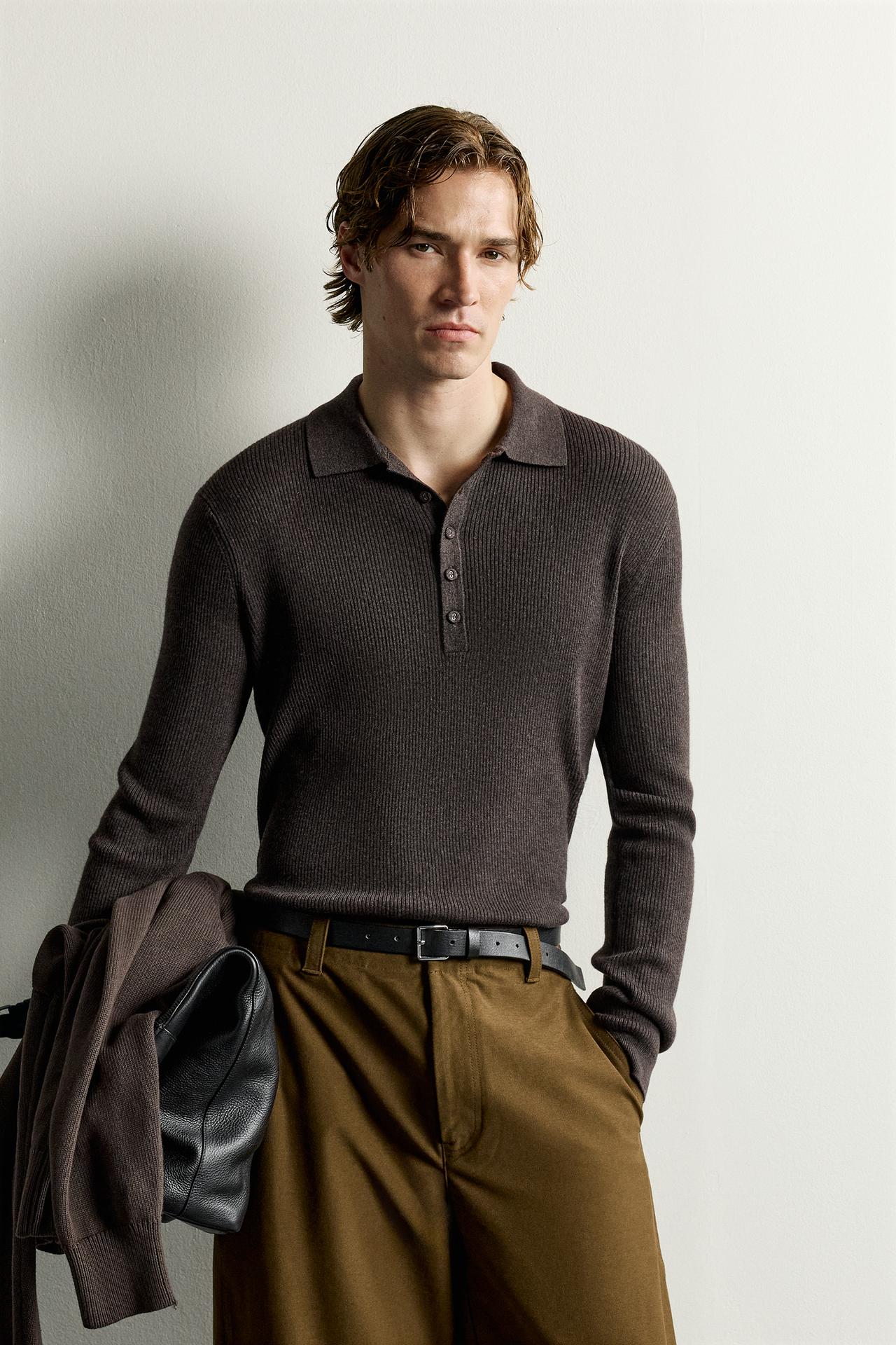 RIB KNIT POLO — brown vigore