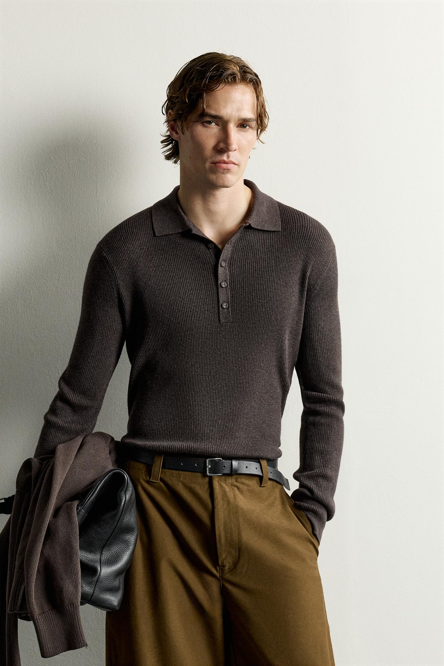 Мужское поло Zara Rib Knit Polo, цвет: Коричневый — фото 2
