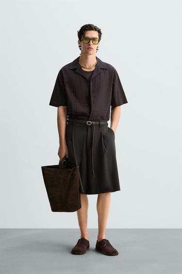 CAMISA ALGODÓN - LINO PLIEGUES - Marrón oscuro de Zara - Imagen 0