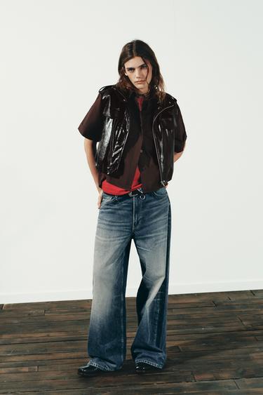 Zara PUFFER FAUX LEATHER VEST - Dark burgundy