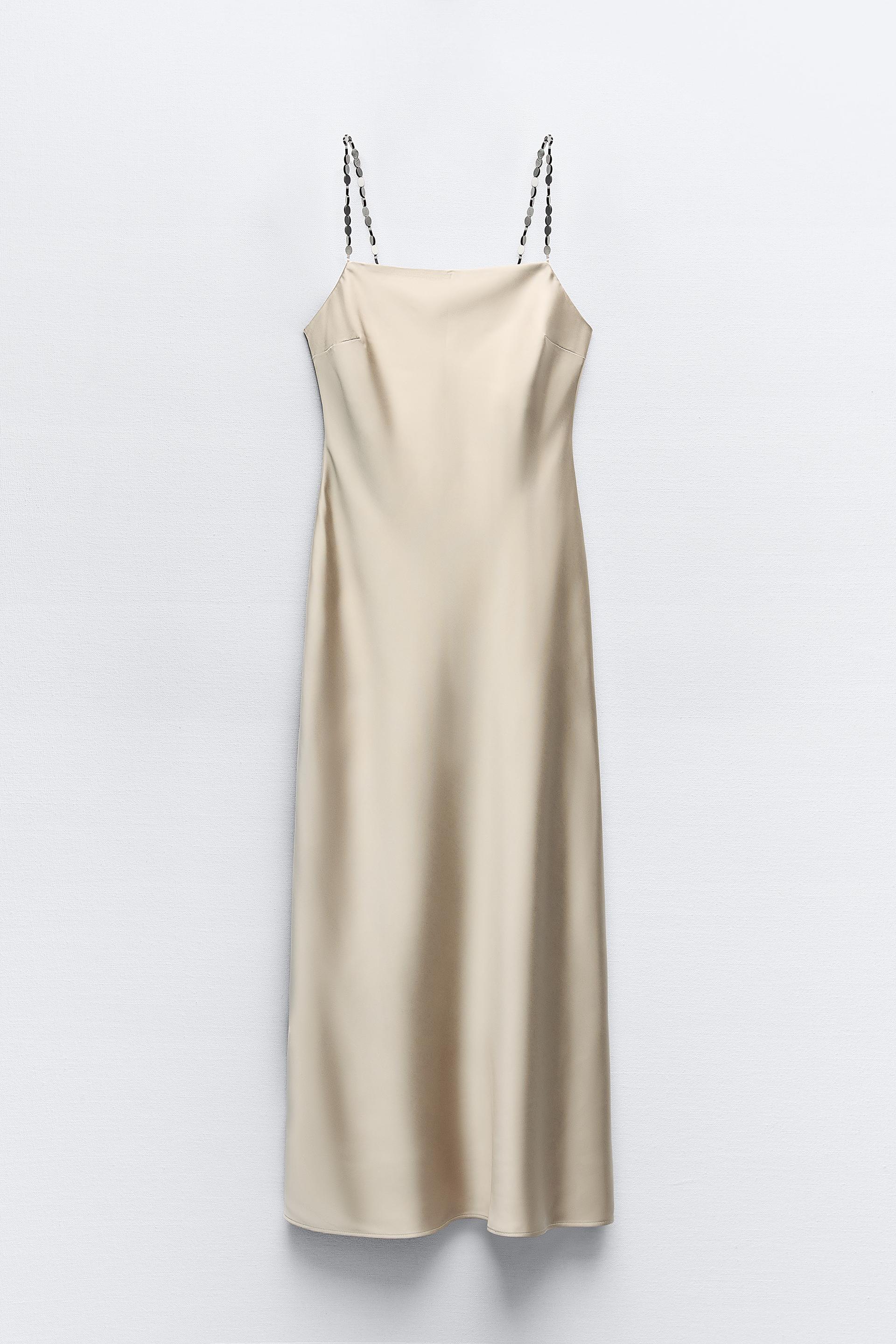 SLIP DRESS WITH BEADED STRAPS - Light mink