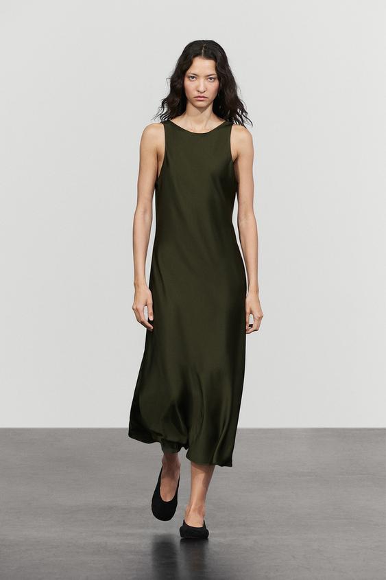 Zara Satin midi dress - Khaki Green - Image 0