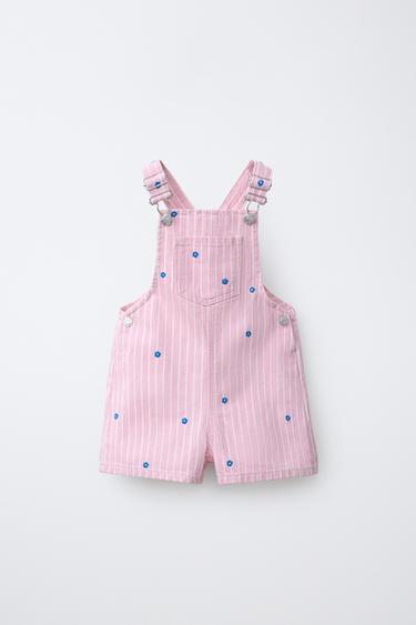 STRIPED TWILL DUNGAREES WITH EMBROIDERED FLOWERS - Pink by Zara - Image 0
