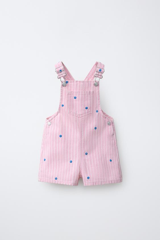 STRIPED TWILL DUNGAREES WITH EMBROIDERED FLOWERS - Pink by Zara - Image 0
