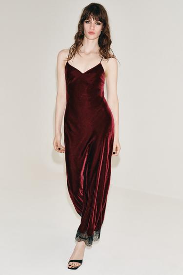 Zara ZW COLLECTION VELVET LACE DRESS - Burgundy
