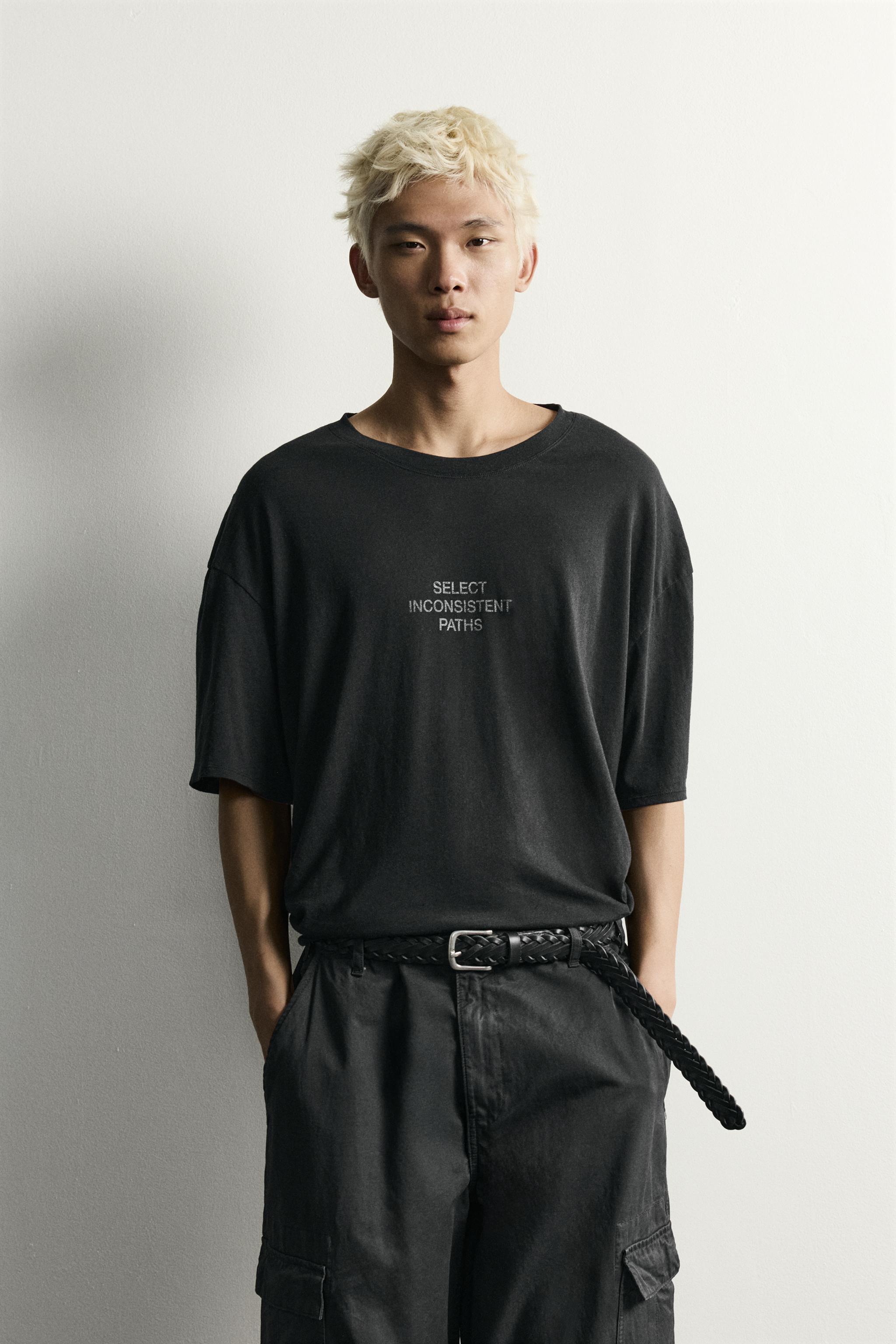RELAXED FIT WASHED TEXT T-SHIRT — Black