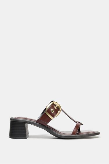 SANDALIA TACÓN ANCHO PIEL - Marrón de Zara