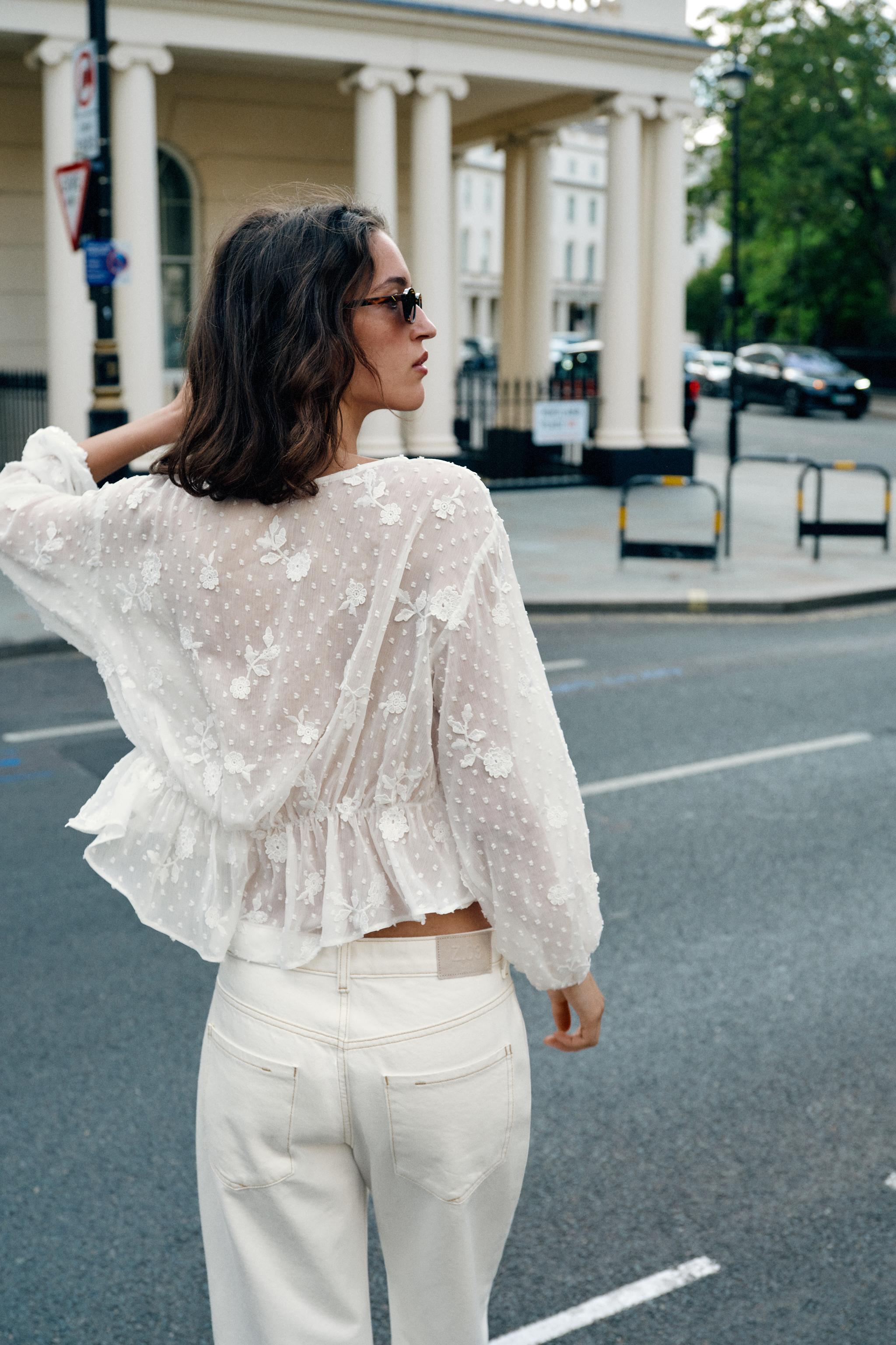 EMBROIDERED DOTTED MESH BLOUSE