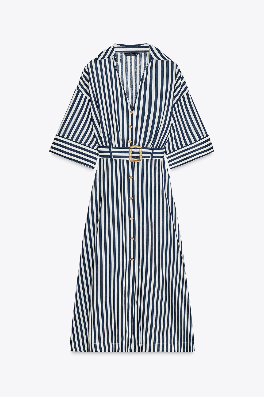 STRIPED LINEN BLEND MIDI DRESS - Blue/White by Zara - Image 3