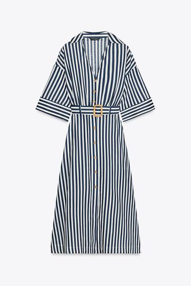 ROBE MIDI À RAYURES AVEC LIN - Bleu / Blanc de Zara - Image 3