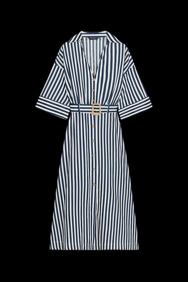 Zara STRIPED LINEN MIDI DRESS - Blue / White - Image 0