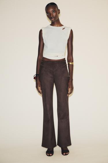 Zara FAUX SUEDE STUDDED FLARE PANTS - Chocolate